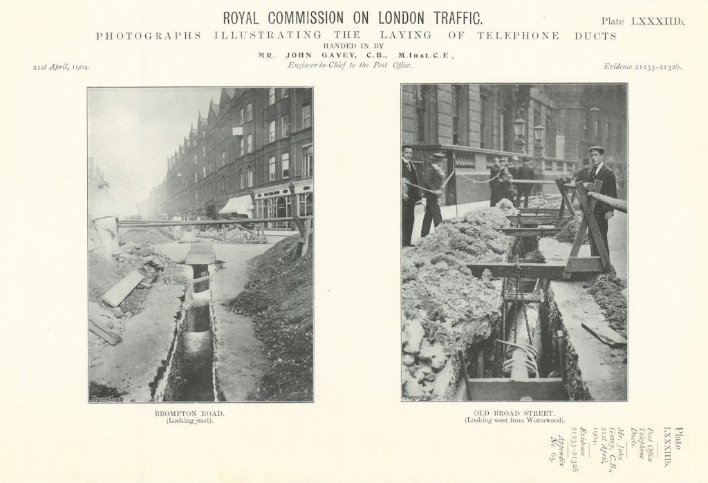 Royal Commission. Laying telephone ducts in Old Broad Street & Brompton Rd 1906